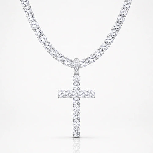 Cadena Cruz Iced Tennis Oro Blanco