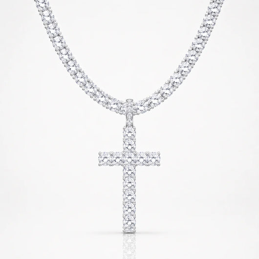 Cadena Cruz Iced Tennis Oro Blanco