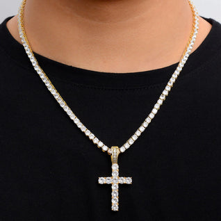 Cadena Cruz Iced Tennis Oro Blanco