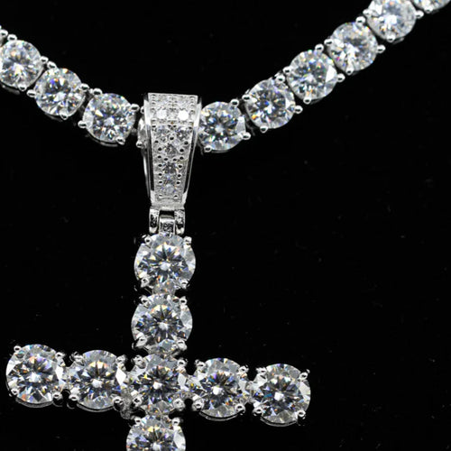 Cadena Cruz Iced Tennis Oro Blanco